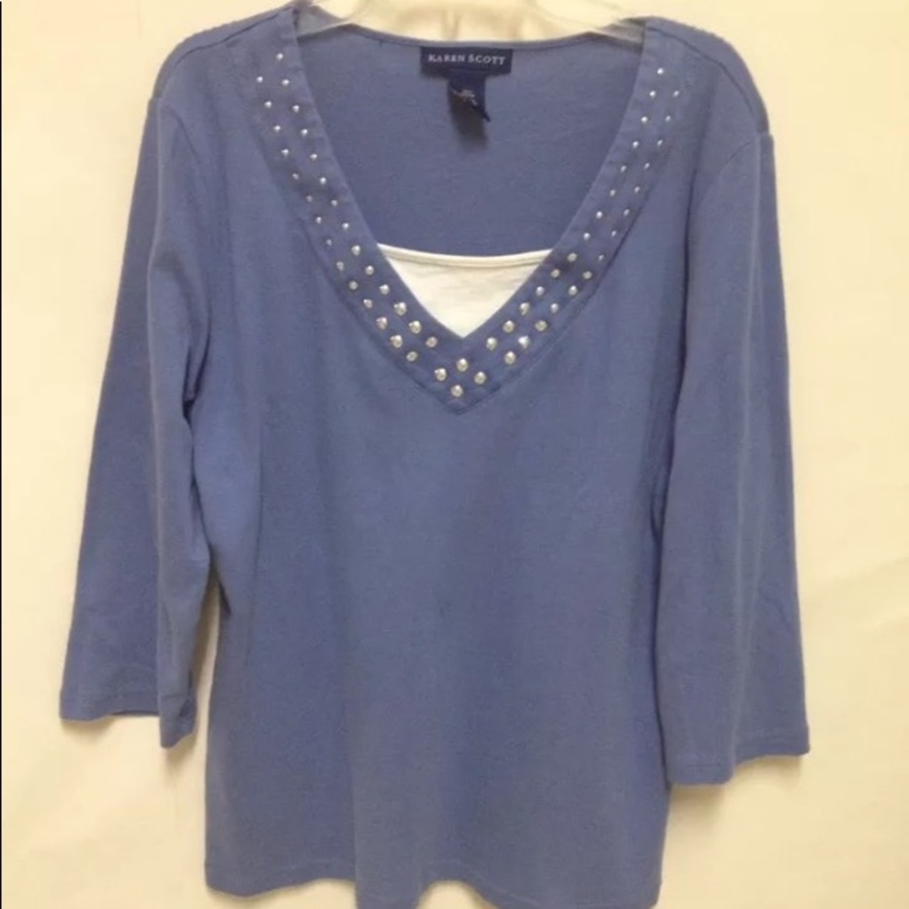 Karen Scott Blue & White Top with Silver